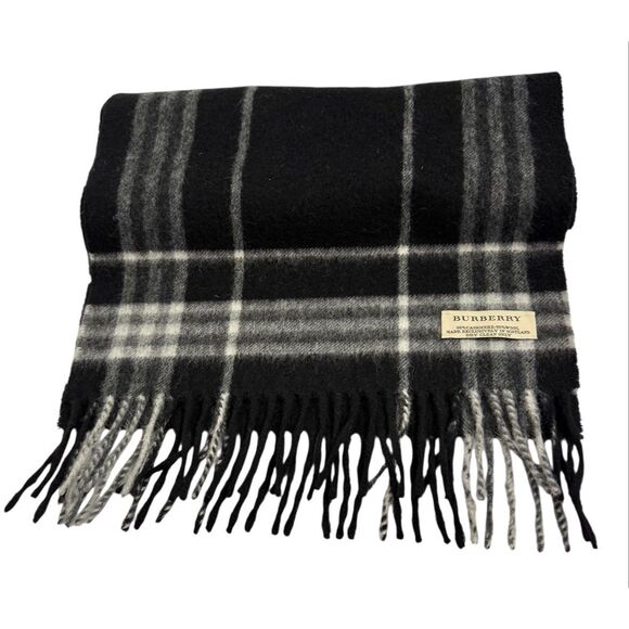 Burberry Black Gray & White Plaid Check Fringe Cashmere-Wool Blend Scarf - Picture 1 of 7